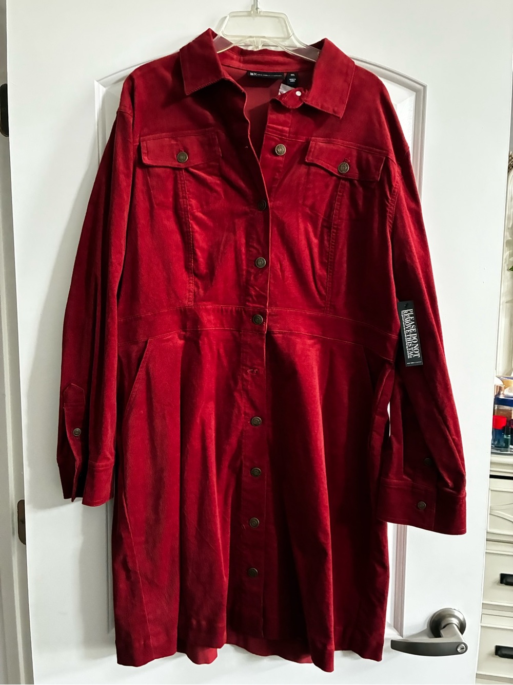 New York & Company Deep Red Corduroy Button-Front Jacket Dress
